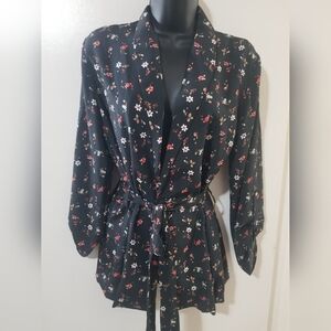 💕 3/$15 Samsara Black Floral Kimono Wrap Jacket Tie Waist Size 2